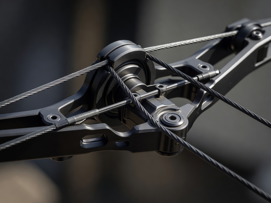 Close up of compound bow cam and string system