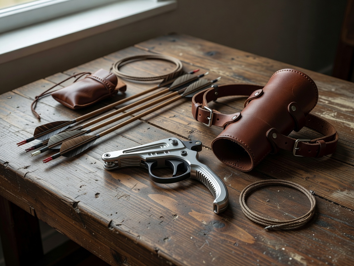 Collection of archery accessories including a release aid and arm guard