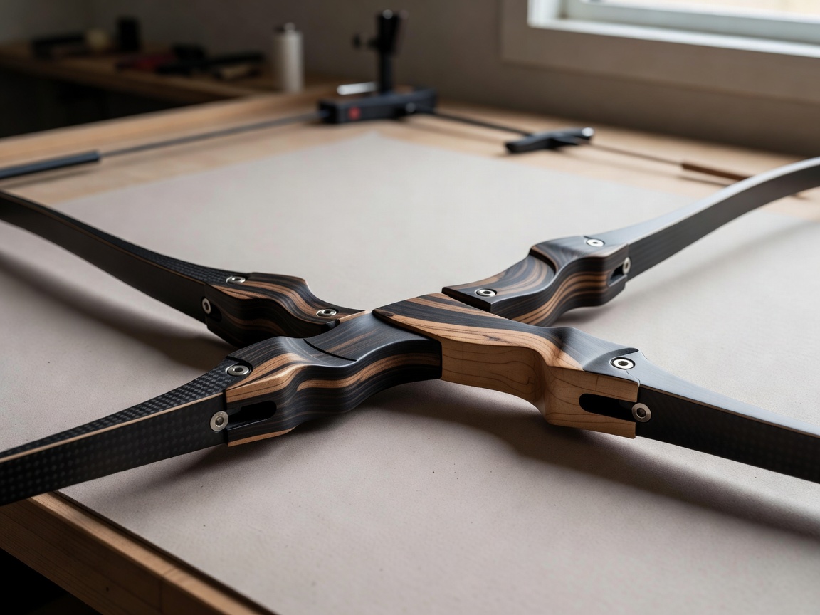 Detailed view of a recurve bow riser and limbs