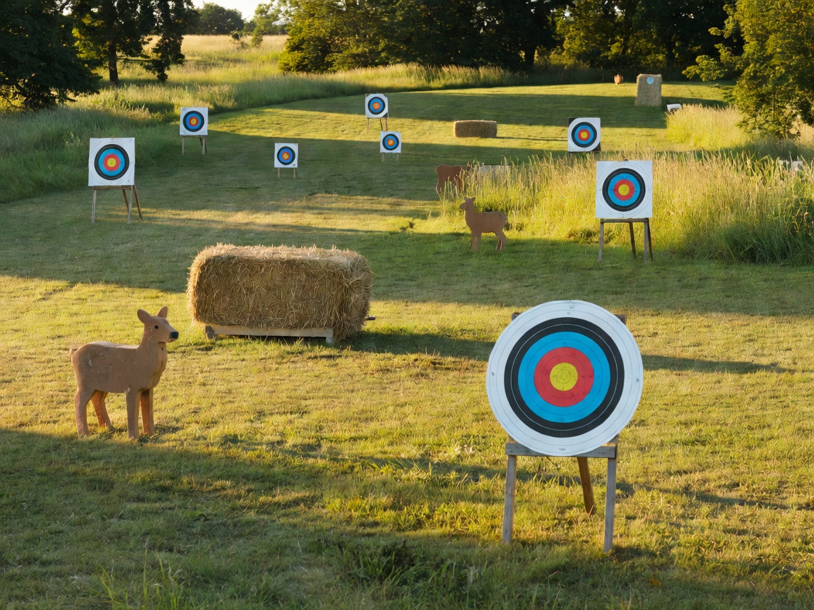 Various archery targets set up in a field